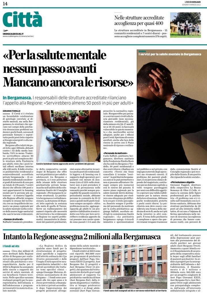 articolo L'Eco di Bergamo sulla Salute Mentale