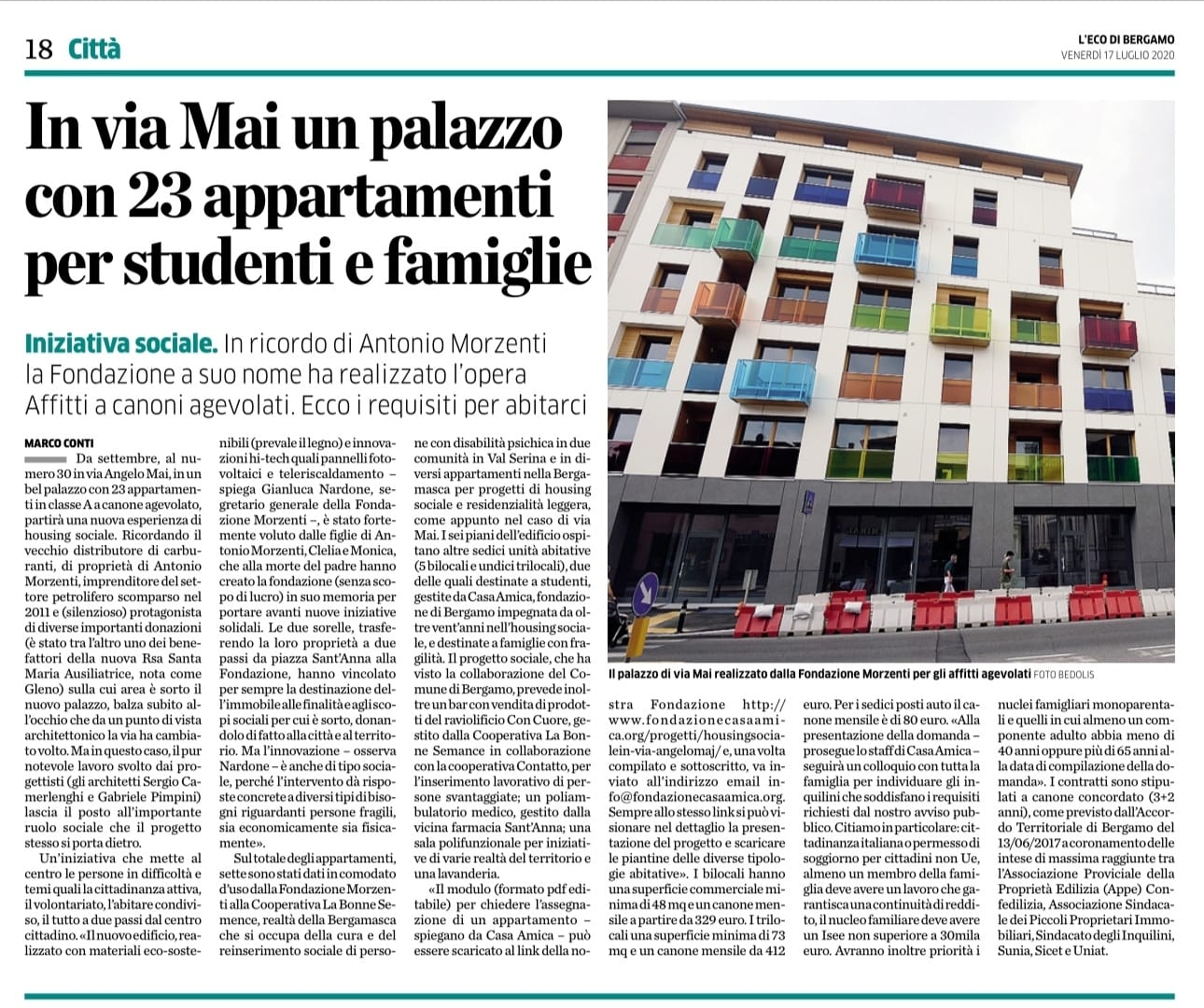Articolo L'Eco di Bergamo sul progetto di Housing Sociale in via A. Maj a Bergamo