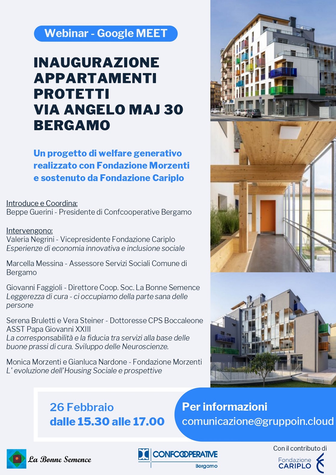 Volantino webinar di inaugurazione nuovi appartamenti per housing sociale di via A. Maj a Bergamo